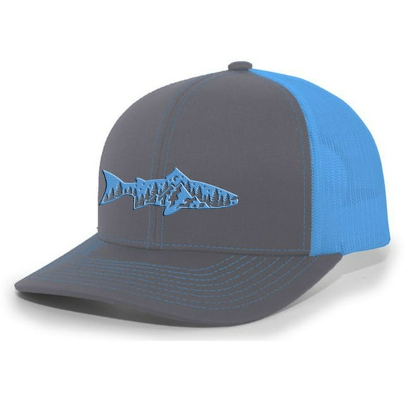 Men's Outdoors Fishing Trout Scenic Forest Woodland Embroidered Mesh Back Trucker Hat, Charcoal/Neon Blue