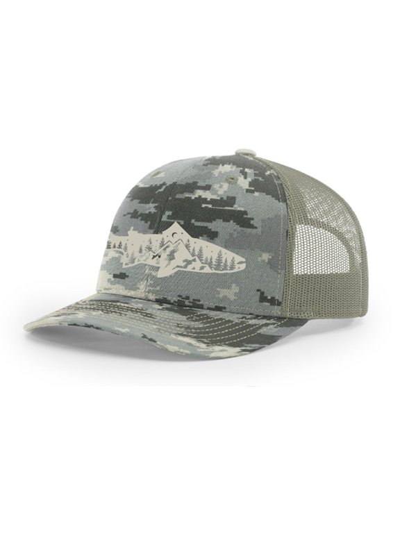Men's Outdoors Fishing Trout Scenic Forest Woodland Embroidered Mesh Back Trucker Hat, Digi Camo/Light Green