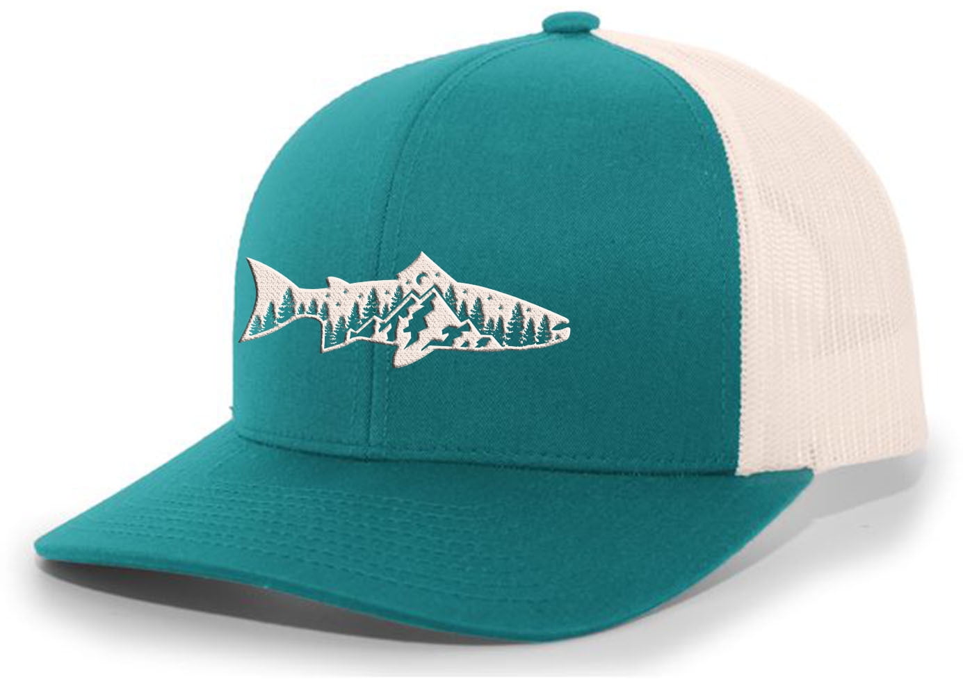 Men's Outdoors Fishing Trout Scenic Forest Woodland Embroidered Mesh Back  Trucker Hat, Teal/Beige 
