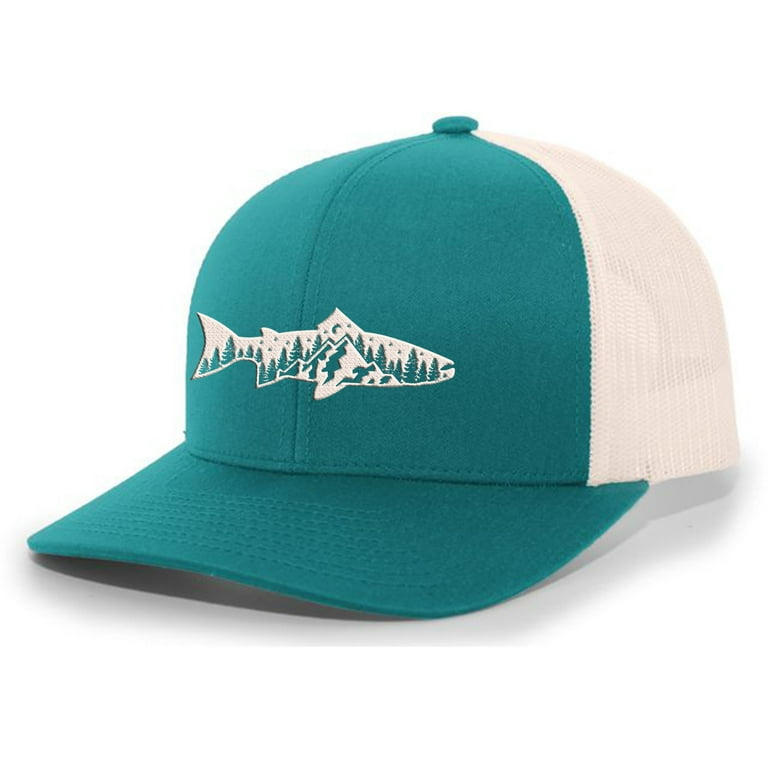 Men's Outdoors Fishing Trout Scenic Forest Woodland Embroidered Mesh Back  Trucker Hat, Teal/Beige