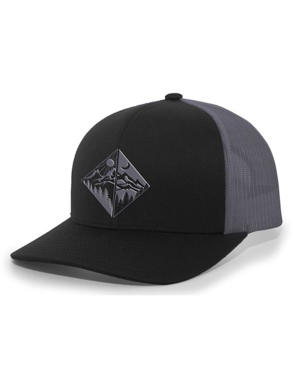Men's Outdoors Geometric Mirror Scenic Forest Woodland Embroidered Mesh Back Trucker Hat, Black/Charcoal