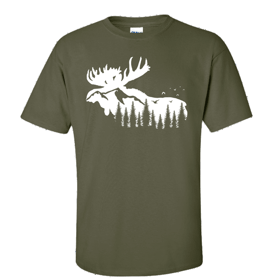 Men's Outdoors Moose Silhouette Scenic Mountain Forest Short Sleeve T-shirt-Military-medium