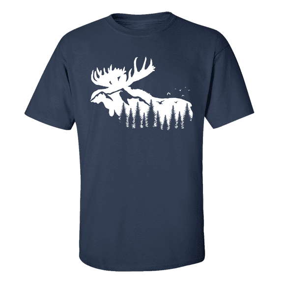 Men's Outdoors Moose Silhouette Scenic Mountain Forest Short Sleeve T-shirt-Navy-large
