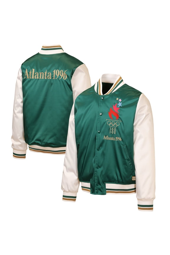 Men's Outerstuff Green/Cream Atlanta 1996 Summer Olympics Full-Snap Satin Bomber Jacket