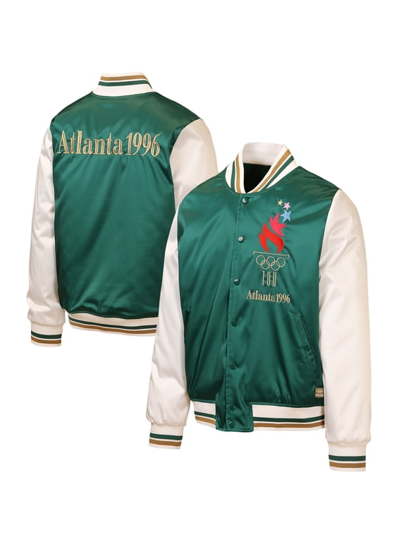 Men's Outerstuff Green/Cream Atlanta 1996 Summer Olympics Full-Snap Satin Bomber Jacket