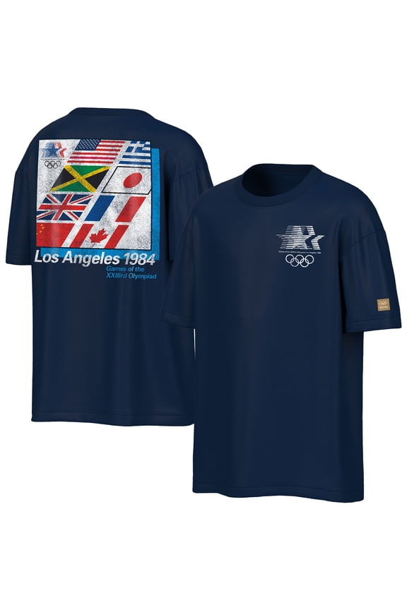 Men's Outerstuff Navy Los Angeles 1984 Olympic Games Oversized Mascot Emblem & Flags T-Shirt