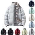 thumbnail image 1 of Men's Outerwear Winter Coats Puffer Jacket Oversized Loose Fit Padded Winter Coat, Contrast Plaid Inner Lined Stand Collar Full Zip Up Puffer Jacket with Side Hand Pockets, 1 of 4