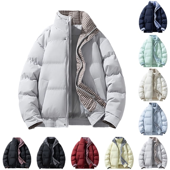 Men's Outerwear Winter Coats Puffer Jacket Oversized Loose Fit Padded Winter Coat, Contrast Plaid Inner Lined Stand Collar Full Zip Up Puffer Jacket with Side Hand Pockets