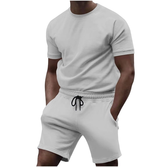 Men’s Outfits Plain Tracksuit Suit Set 2 Piece Crew Neck Shirt & Short Summer Activewear Sweatsuits Gray XL