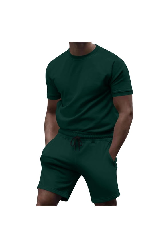 Men’s Outfits Plain Tracksuit Suit Set 2 Piece Crew Neck Shirt & Short Summer Activewear Sweatsuits Green XXL