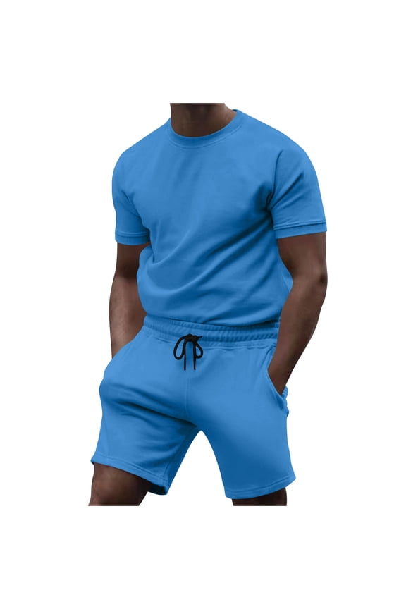 Men’s Outfits Plain Tracksuit Suit Set 2 Piece Crew Neck Shirt & Short Summer Activewear Sweatsuits Light Blue M
