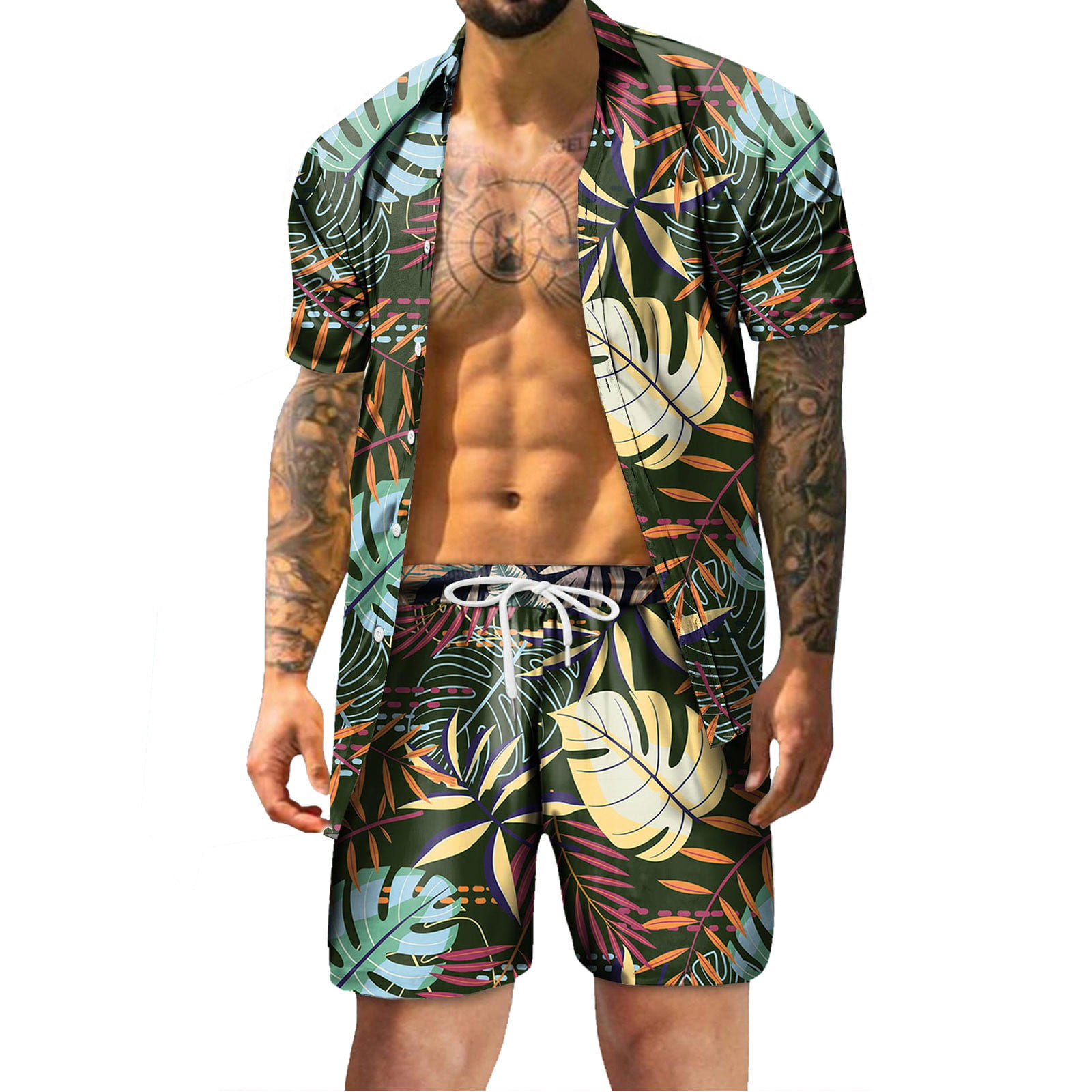 n/a Beach Wear Clothes Men Shirt Set Sea Side Vocation Clothing Loose 2  Piece Set Outfits (Color : A, Size : XL code) : : Fashion