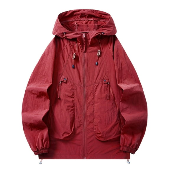 Men's Oversize Rain Jacket Solid Color Long Sleeved Drawstring Sun Protection Summer Casual Hooded