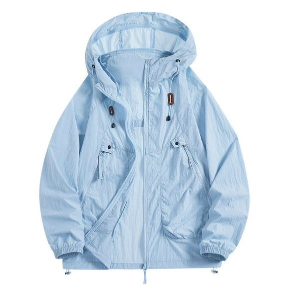 Men's Oversize Rain Jacket Solid Color Long Sleeved Drawstring Sun Protection Summer Casual Hooded