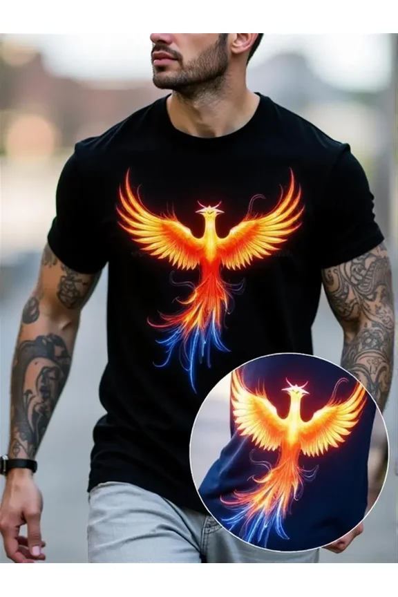 Men's Oversized 3D Flame Phoenix Graphic T-Shirt - Black with Vibrant Orange/Blue/Yellow/Red Print, Casual Round Neck Short Sleeve, All-Season Comfort Fit for Large Sizes, Bold