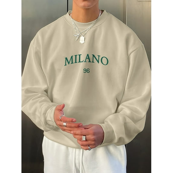 Men's Oversized Beige Sweatshirt with Green Milan Lettering - Casual Round Neck Long Sleeve Pullover, Italian-Inspired Design, Machine Washable Loose Fit for Everyday & Travel