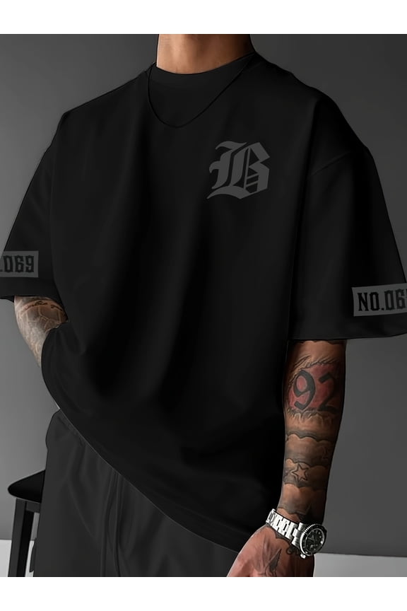 Men's Oversized Black T-Shirt Streetwear Gothic Letter B Graphic Tee Hip Hop Loose Fit Short Sleeve Casual Fashion Top