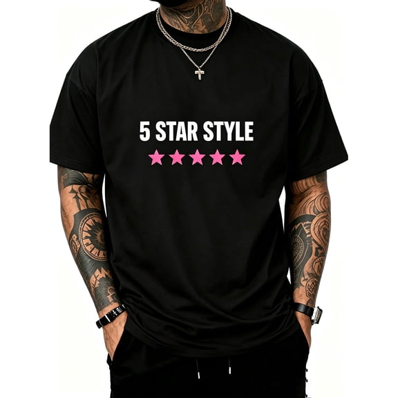 Men's Oversized Black T-Shirt with 5 STAR STYLE Text Print, Loose Fit Casual Tee