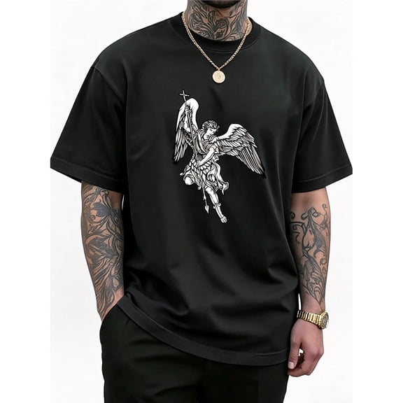 Men's Black Oversized Angel Sword and Shield Graphic T-Shirt, Crew Neck Short Sleeve Casual Top