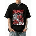 thumbnail image 1 of Men's Oversized Black T-Shirt with Graffiti Skull & Text Graphic, Loose Fit Grunge Streetwear Tee, 1 of 7