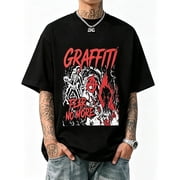 Mens Oversized Black T-Shirt with Graffiti Skull & Text Graphic, Loose Fit Grunge Streetwear Tee