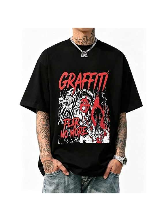 Men's Oversized Black T-Shirt with Graffiti Skull & Text Graphic, Loose Fit Grunge Streetwear Tee