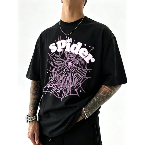 Men's Black Oversized Spider Web Graphic T-Shirt, Crew Neck Short Sleeve Casual Top