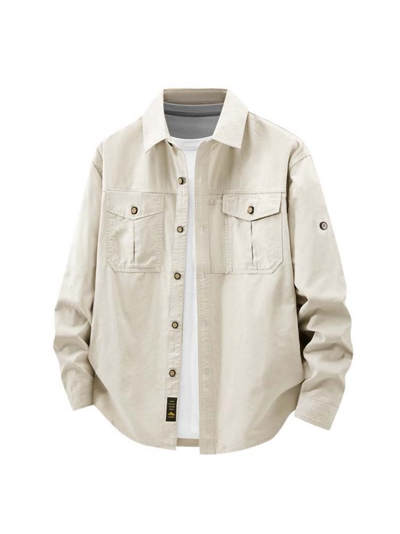 Men's Oversized Button Down Jacket Long Sleeve Casual Work Top Vintage Utility Shacket for Street Daily Wear Beige XXXXL