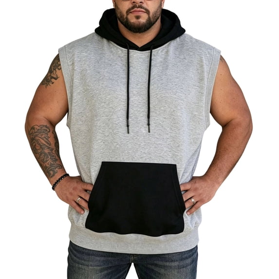 Men's Oversized Cotton Sleeveless Hoodie, Elastic Stretchy Fabric with Drawstring and Kangaroo Pocket, Cut off Shirt Sleeveless Pullover, Perfect for Plus Size Comfort and Stylish Layering, Big and T