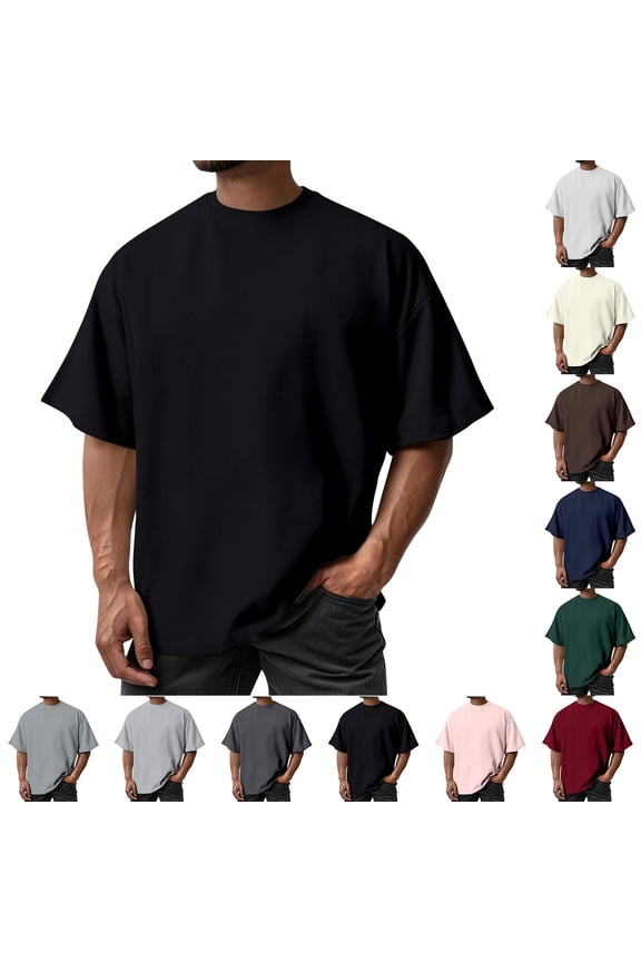 Men's Oversized Cotton T Shirt Drop Shoulder Breathable Heavyweight Tee Casual Crew Neck Short Sleeve Loose Summer Basic Tops, #02 Black, XXL