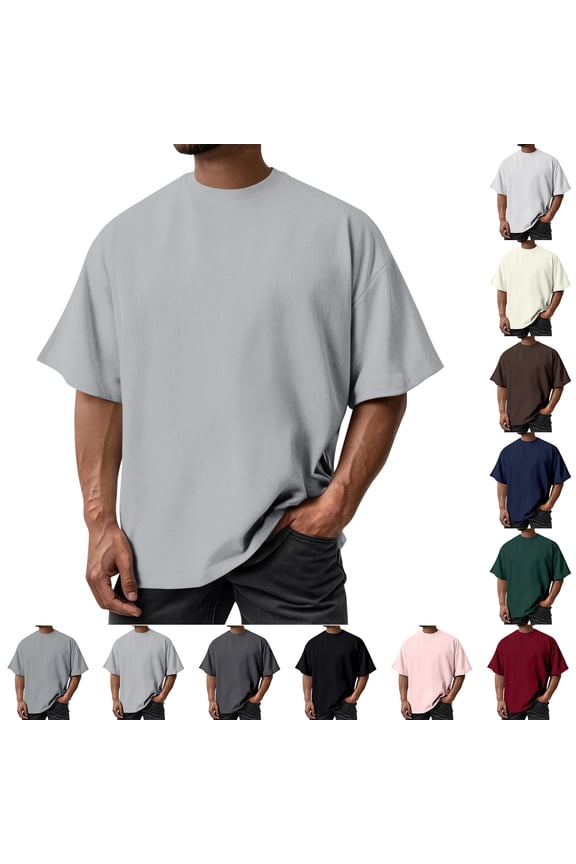 Men's Oversized Cotton T Shirt Drop Shoulder Breathable Heavyweight Tee Casual Crew Neck Short Sleeve Loose Summer Basic Tops, #02 Gray, S