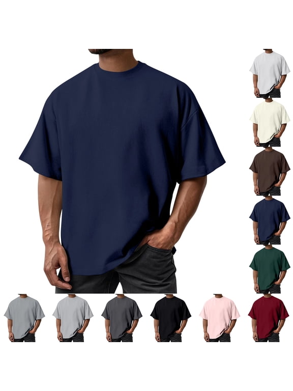 Men's Oversized Cotton T Shirt Drop Shoulder Breathable Heavyweight Tee Casual Crew Neck Short Sleeve Loose Summer Basic Tops, #02 Navy, L