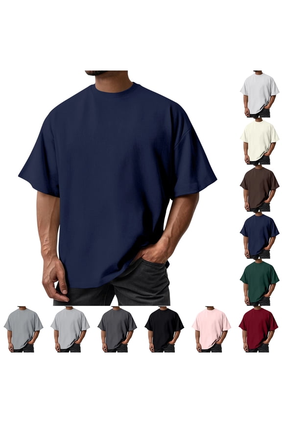 Men's Oversized Cotton T Shirt Drop Shoulder Breathable Heavyweight Tee Casual Crew Neck Short Sleeve Loose Summer Basic Tops, #02 Navy, L