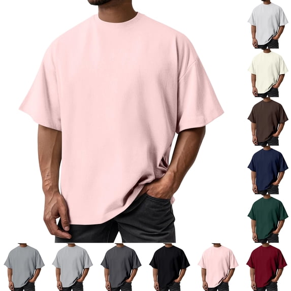 Men's Oversized Cotton T Shirt Drop Shoulder Breathable Heavyweight Tee Casual Crew Neck Short Sleeve Loose Summer Basic Tops, #02 Pink, S