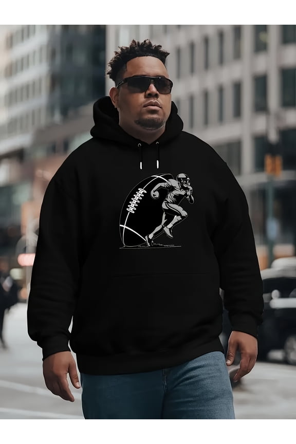 Men's Oversized Football Graphic Hooded Sweatshirt - Soft Fleece Pullover with All-Over Print, Full-Body Football Design (Players, Referee & Ball), Loose Fit Casual Winter Warmth, Machine Washable