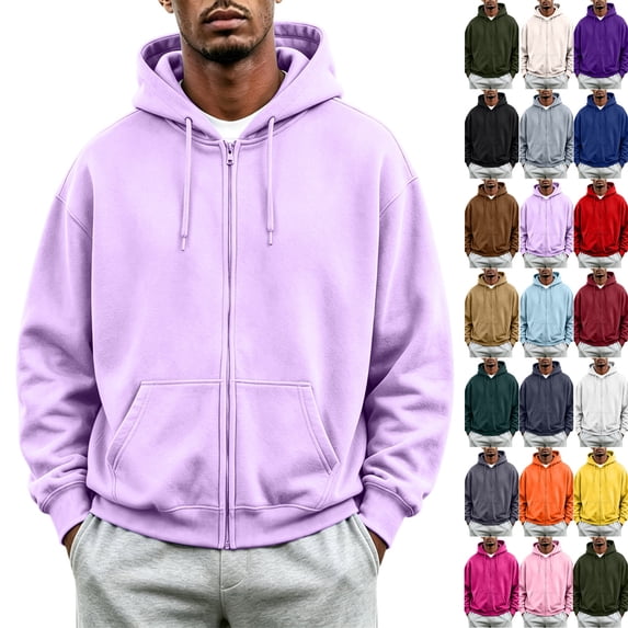 Men's Oversized Full Zip Up Hoodie Fleece Sweatshirts with Pockets Long Sleeve Fall Winter Jackets Relaxed Fit Coat Light Purple,M