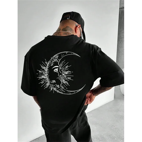 Men's Oversized Gothic Celestial Moon Face Graphic T-Shirt