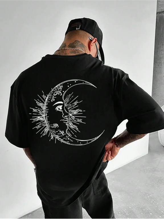 Men's Oversized Gothic Celestial Moon Face Graphic T-Shirt