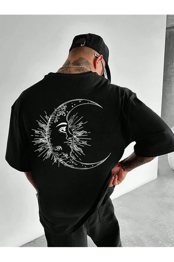 Men's Oversized Gothic Celestial Moon Face Graphic T-Shirt
