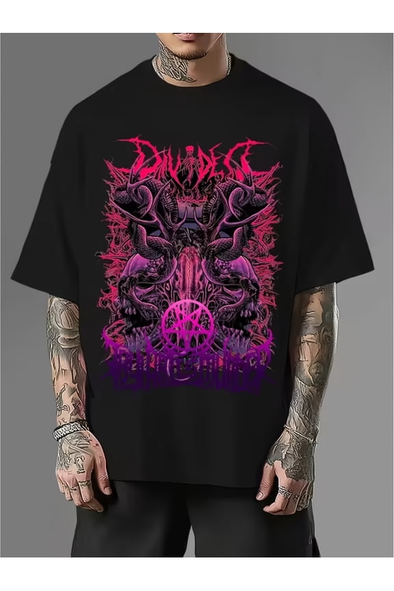 Men's Oversized Gothic Neon Skull Serpents Graphic T-Shirt