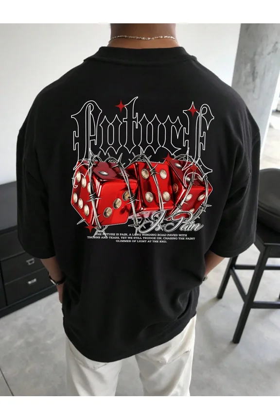 Men's Oversized Gothic Streetwear Chrome Red Dice Graphic T-Shirt