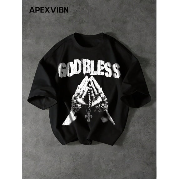 Men's Oversized Graphic Praying Hands God Bless T-Shirt