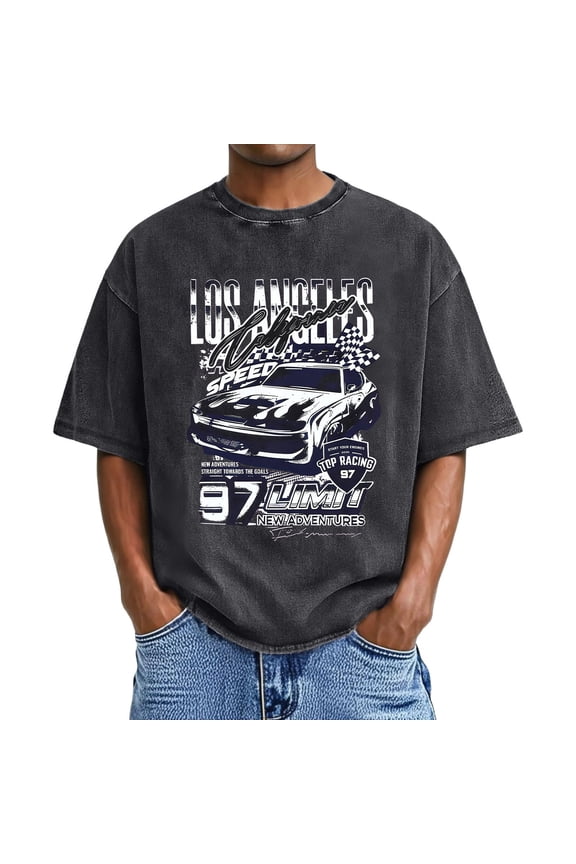 Men’s Oversized Graphic T-Shirt, Acid Wash Vintage Cotton Tee, Drop Shoulder Streetwear Top