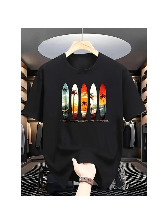 Men's Oversized Graphic T-Shirt in 100% Cotton, Retro Surf Style with Tropical Sunset Print, Relaxed Fit for Summer Beachwear