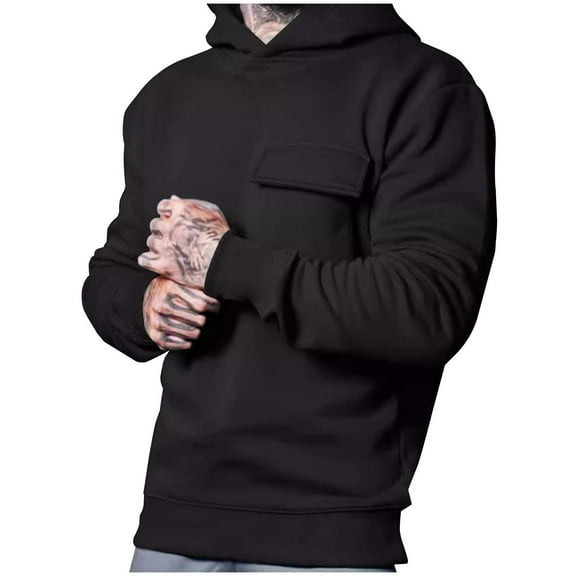 Men's Oversized Hoodies Casual Pullover Sweatshirt with Hood Solid Color Long Sleeve Pockets Hooded Shirt (Black L)