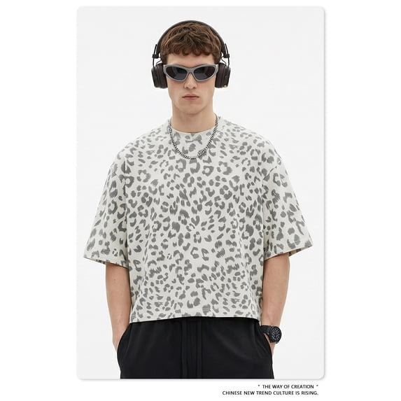 Men's Oversized Leopard Print T-Shirt, Relaxed Cotton Crewneck Streetwear Tee