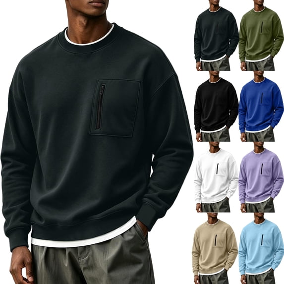 Men's Oversized Long Sleeve Crewneck Sweatshirts Zip Pocket Pullover Loose Fit Casual Basic Everyday Fall Winter Tops