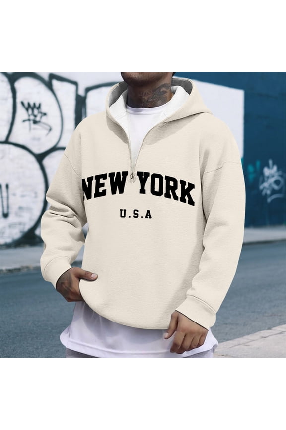 Men's Oversized Pullover Letter Print Hoodies New York Sweatshirt (Beige XXL)