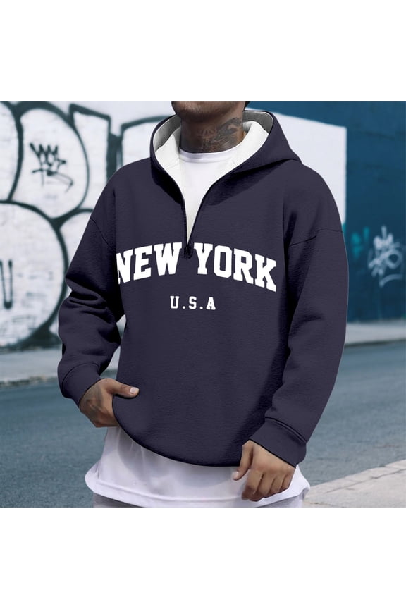 Men's Oversized Pullover Letter Print Hoodies New York Sweatshirt (Navy XXXS)
