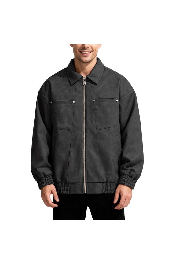 Men's Oversized Retro Streetwear Zip-Up Notch Lapel PU Leather Jacket, Black, Size L